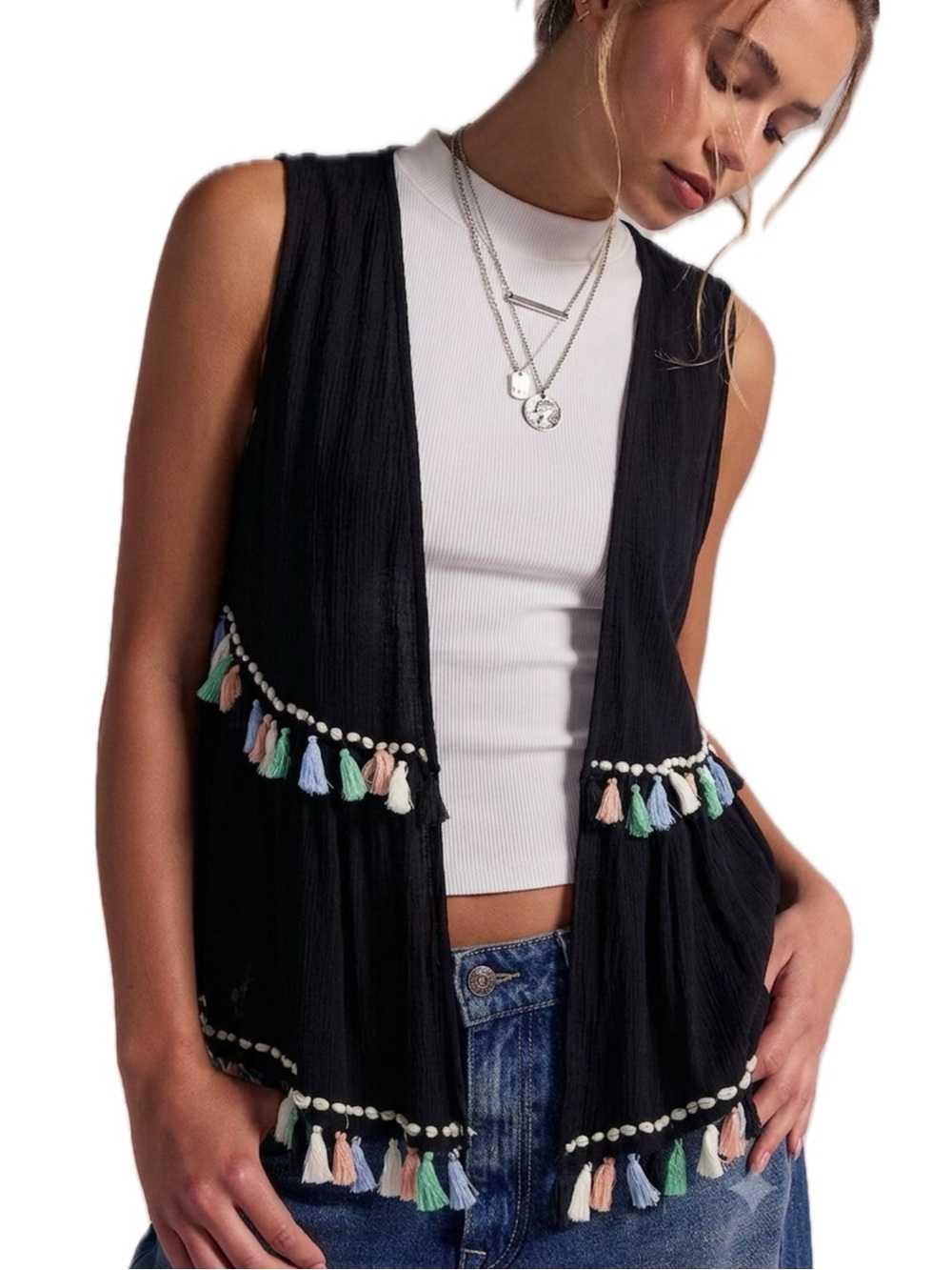 Madden Black Crinkled Viscose Open Front Tassel Top OS Open Front Fairy Whimsy